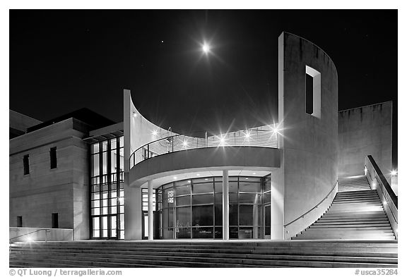 Iris and  Gerald Cantor Center for Visual Arts at night with moon. Stanford University, California, USA