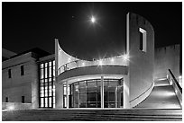 Iris and  Gerald Cantor Center for Visual Arts at night with moon. Stanford University, California, USA (black and white)