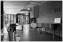 Living room and piano, Hanna House. Stanford University, California, USA ( black and white)