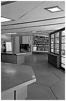 Library, Hanna House, a Frank Lloyd Wright masterpiece. Stanford University, California, USA ( black and white)