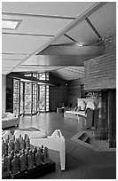 Living room and fireplace, Hanna House. Stanford University, California, USA (black and white)