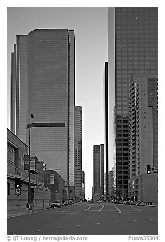 Skyscrapers along Grand Avenue, late afternon. Los Angeles, California, USA (black and white)