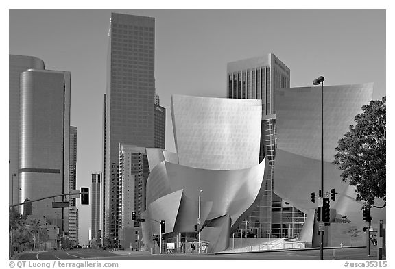 Walt Disney Concert Hall and high rise towers. Los Angeles, California, USA (black and white)