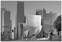 Walt Disney Concert Hall and high rise towers. Los Angeles, California, USA (black and white)