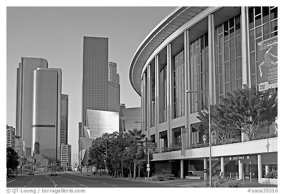 Music Center and high rise towers. Los Angeles, California, USA (black and white)