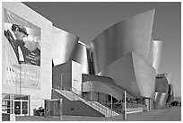 LA Philarmonic sign and concert hall, early morning. Los Angeles, California, USA (black and white)