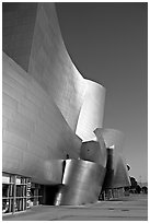 Free-form sculptural curves of the Walt Disney Concert Hall, early morning. Los Angeles, California, USA (black and white)