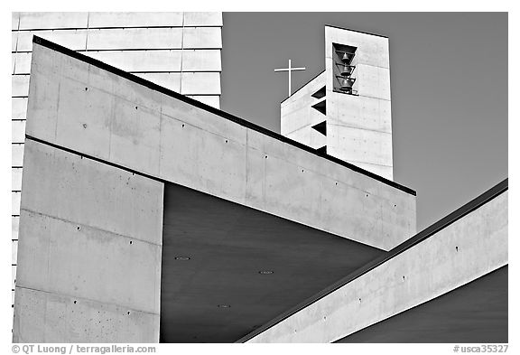 Angular shapes of Cathedral of our Lady of the Angels. Los Angeles, California, USA (black and white)