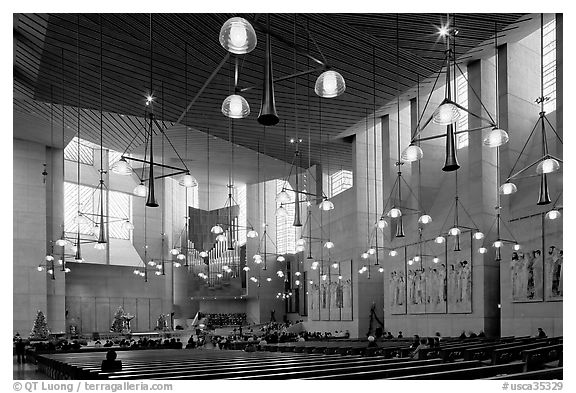 Main nave of the Cathedral of our Lady of the Angels. Los Angeles, California, USA (black and white)