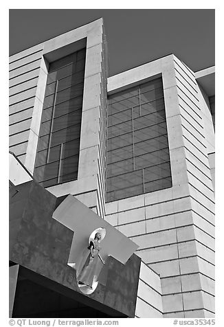 Madonna sculpture above main entrance of Cathedral of our Lady of the Angels. Los Angeles, California, USA (black and white)