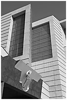 Madonna sculpture above main entrance of Cathedral of our Lady of the Angels. Los Angeles, California, USA (black and white)