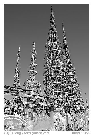 Overview of the Watts Towers. Watts, Los Angeles, California, USA (black and white)