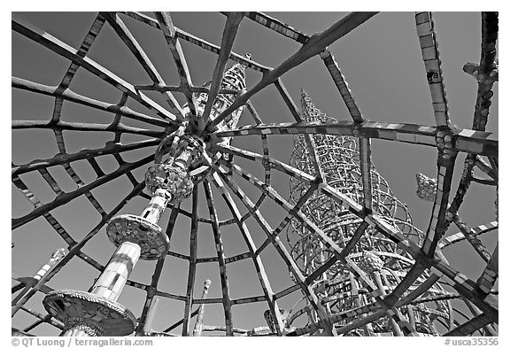 Tower seen from Gazebo, Watts Towers. Watts, Los Angeles, California, USA (black and white)