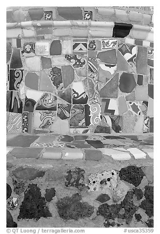 Close-up of found objects used to decorate the Watts Towers. Watts, Los Angeles, California, USA (black and white)