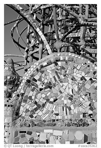 Moscaic and tower, Watts Towers. Watts, Los Angeles, California, USA (black and white)