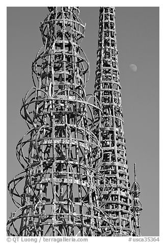 Watts towers and moon. Watts, Los Angeles, California, USA (black and white)