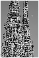 Watts towers and moon. Watts, Los Angeles, California, USA ( black and white)