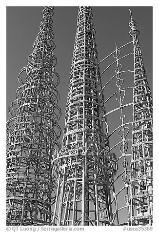 Three towers and hearts, Watts Towers. Watts, Los Angeles, California, USA (black and white)