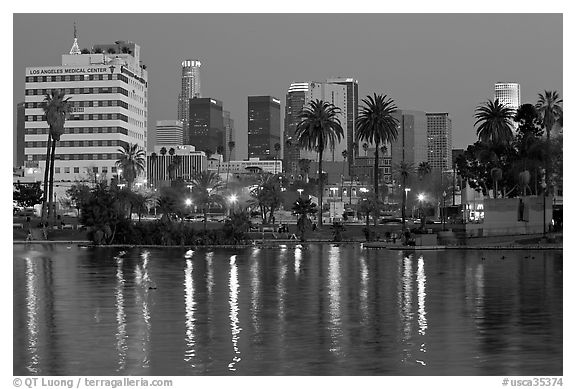 Mc Arthur Park and skyline, dusk. Los Angeles, California, USA (black and white)