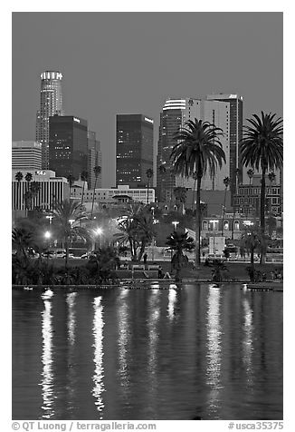 Skyline reflected in a lake in Mc Arthur Park. Los Angeles, California, USA (black and white)