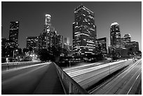 Bridge, Harbor Freeway, and skyline at nightfall. Los Angeles, California, USA (black and white)