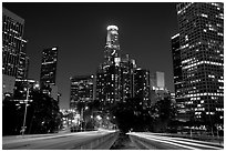 Traffic lights and skyline at night. Los Angeles, California, USA ( black and white)