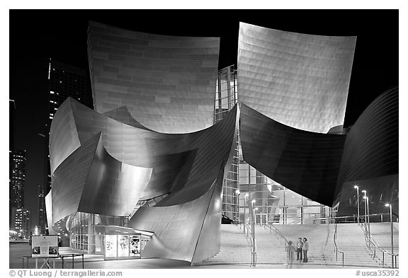 Entrance of the Walt Disney Concert Hall at night. Los Angeles, California, USA