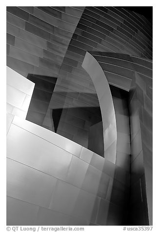 Steel curves of the Walt Disney Concert Hall at night. Los Angeles, California, USA (black and white)