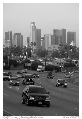 Freeway and skyline, early morning. Los Angeles, California, USA (black and white)