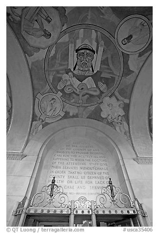 Fresco and dedication in the lobby of the Los Angeles County Hospital. Los Angeles, California, USA