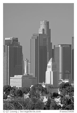 City Hall and high rise buildings. Los Angeles, California, USA (black and white)
