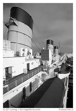 Smokestacks and liferafts, Queen Mary. Long Beach, Los Angeles, California, USA (black and white)