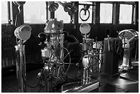 Boat bridge with navigation instruments, Queen Mary. Long Beach, Los Angeles, California, USA ( black and white)