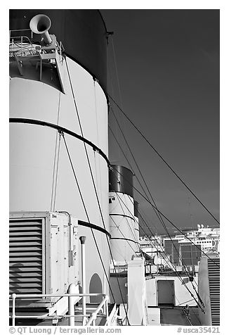 Smokestacks and air vents, Queen Mary. Long Beach, Los Angeles, California, USA