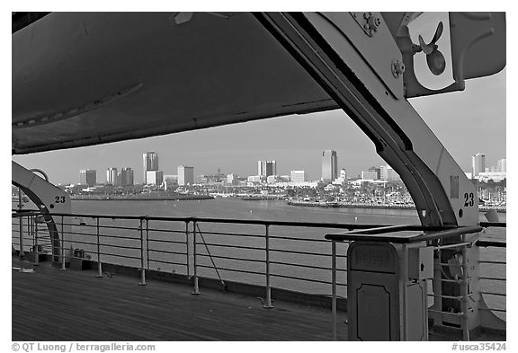 Skyline of Long Beach, seen from the deck of the Queen Mary. Long Beach, Los Angeles, California, USA (black and white)