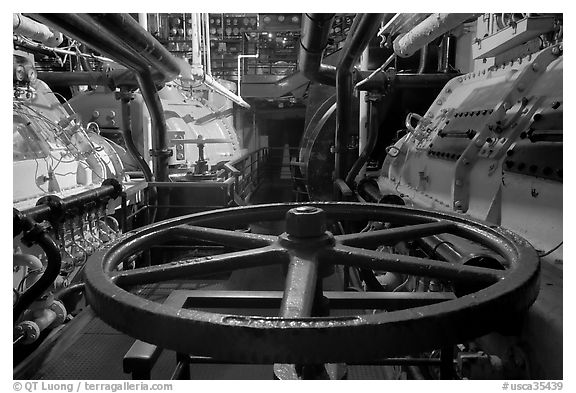 Engine room of the Queen Mary. Long Beach, Los Angeles, California, USA (black and white)