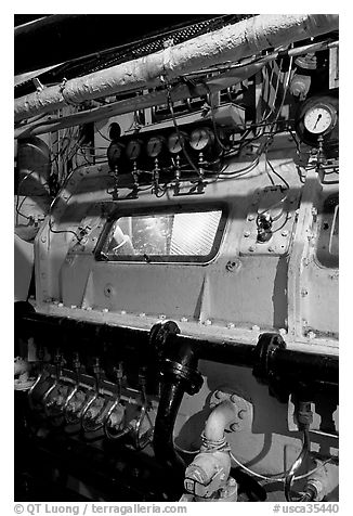 Instruments in the boiler room of the Queen Mary. Long Beach, Los Angeles, California, USA (black and white)