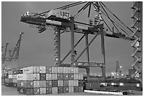 Countainers and cranes, Port of Los Angeles, dusk. Long Beach, Los Angeles, California, USA (black and white)