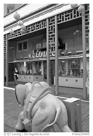 Pink toy elephant and storefront, Chinatown. Los Angeles, California, USA (black and white)
