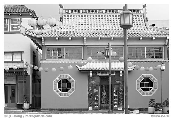 Building in Chinese style, Chinatown. Los Angeles, California, USA (black and white)