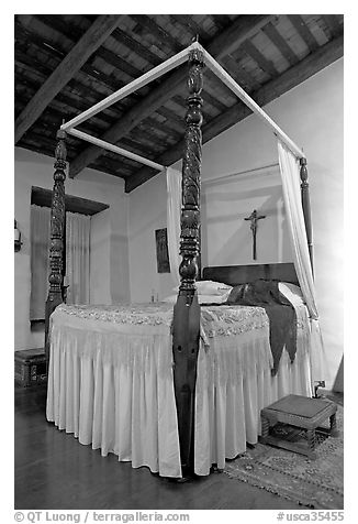 Bedroom in the Avila Adobe, Los Angeles  oldest building (1818). Los Angeles, California, USA (black and white)