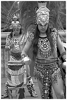 Aztec dancers performing, El Pueblo historic district. Los Angeles, California, USA ( black and white)