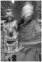 Aztec dancers with motion blur. Los Angeles, California, USA (black and white)