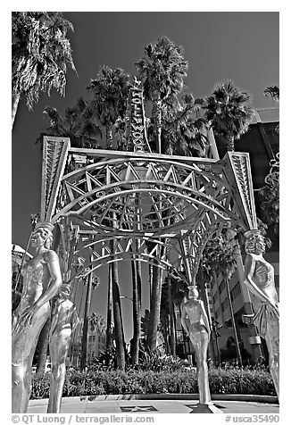 Gazebo with statues of Dorothy Dandridge, Dolores Del Rio, Mae West,  and Anna May Wong. Hollywood, Los Angeles, California, USA (black and white)
