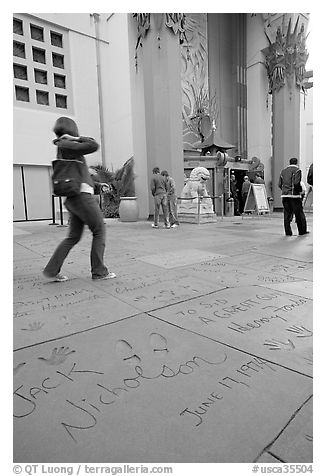 Footprints and handprints of Jack Nicholson in the Grauman theatre forecourt. Hollywood, Los Angeles, California, USA (black and white)