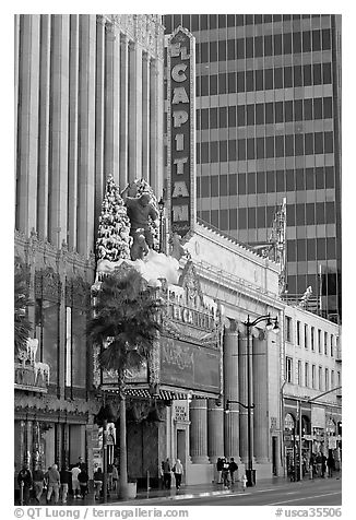 Facade of the El Capitan theater in Spanish colonial style. Hollywood, Los Angeles, California, USA (black and white)