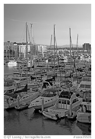 Yachts and marina at sunrise. Marina Del Rey, Los Angeles, California, USA (black and white)