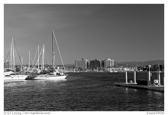 Yachts, marina, and hills, early morning. Marina Del Rey, Los Angeles, California, USA (black and white)