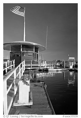 Harbor tower with flag. Marina Del Rey, Los Angeles, California, USA (black and white)