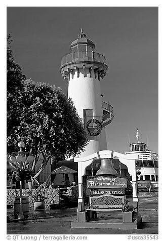 Fishermans village sign and lighthouse. Marina Del Rey, Los Angeles, California, USA (black and white)